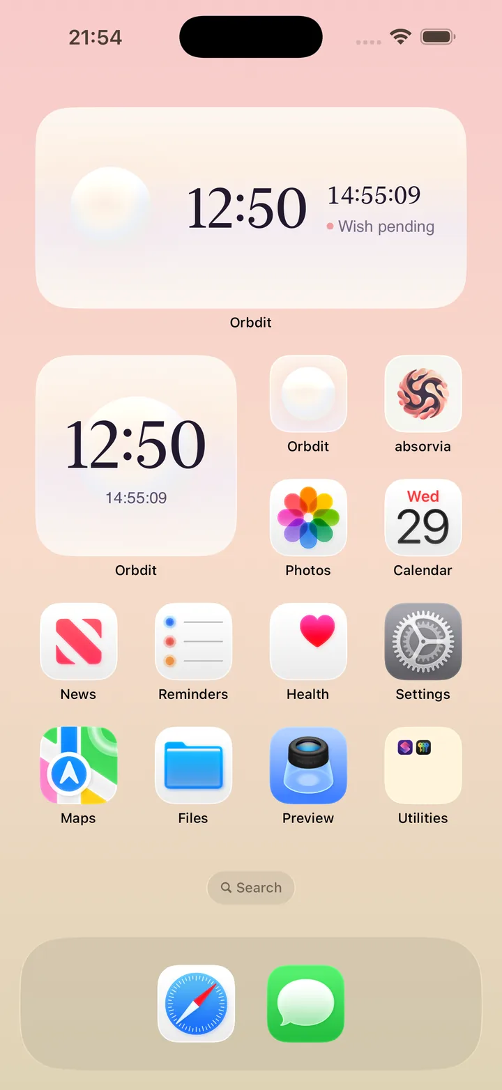 Orbdit screenshot: Home-screen widgets with a wish pending